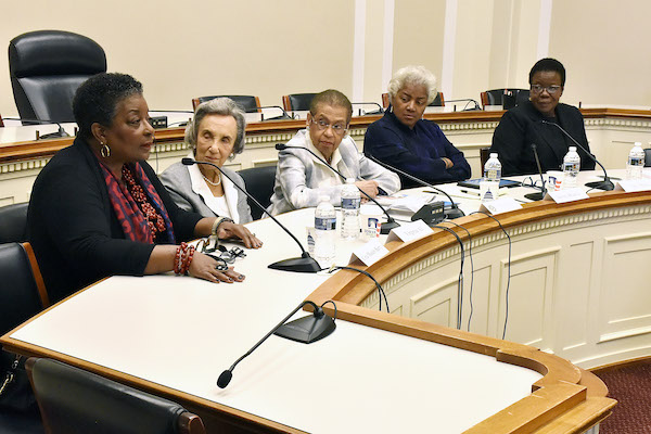 From left: Former D.C. first lady Cora Masters Barry, Ben's Chili Bowl co-founder and owner Virginia Ali, D.C. Del. Eleanor Holmes Norton, former Democratic National Committee Chairman Donna Brazile and JMA Solutions founder and owner Jan Adams participate in a panel discussion hosted by Norton in celebration of Women’s History Month at the Rayburn House Office Building on Capitol Hill on March 19. (Robert Roberts/The Washington Informer)