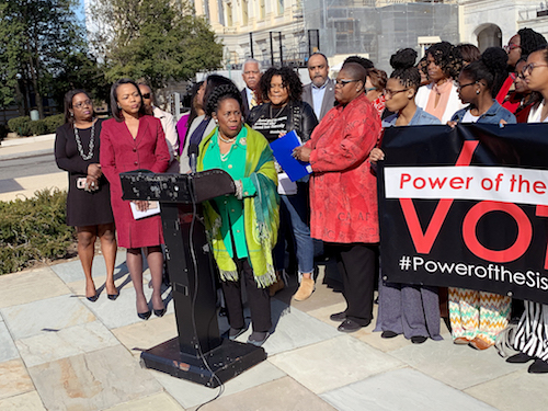 Rep. Sheila Jackson Lee speaks during a Black Women's Roundtable press conference hosted by Rep. Karen Bass, chair of the Congressional Black Caucus on the federal budget, civil rights, economic and social justice, and education at the House Triangle at the U.S. Capitol on March 14. (Hamil R. Harris/The Washington Informer)