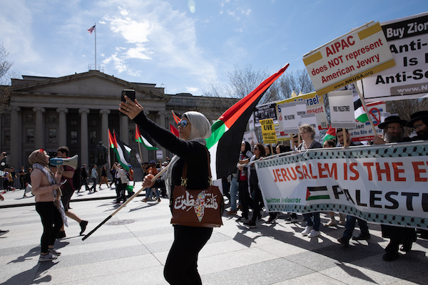 Hundreds of Palestinian, Muslim Americans, along with Jews, Christians, and other allies, protest on March 24, 2019, against Israel's AIPAC Conference. Protesters gather outside the White House and march to the Convention Center where the conference is taken place. The American Israel Public Affairs Committee (AIPAC) opened its 2019 Policy Conference in Washington, DC, on Sunday, launching three days of discussions and speeches on advancing the Israeli-U.S. relationship. (Photo by Aurora Samperio/NurPhoto via Getty Images)