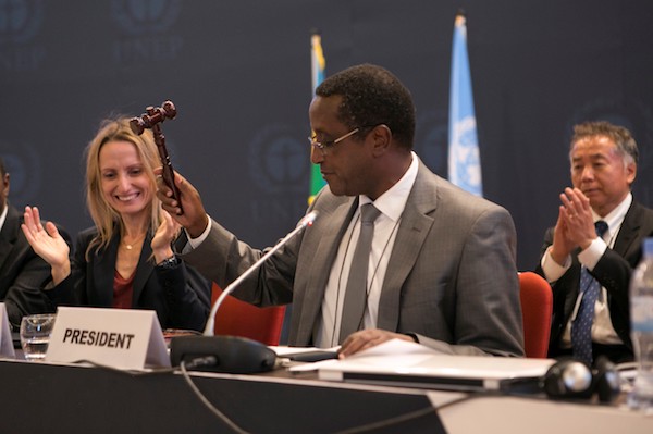 **FILE** The President of the 28th meeting of the Parties to the Montreal Protocol and Rwanda's minister of Natural Resources Dr Vincent Biruta, hits a hummer as a symbol of the adoption of the Kigali amendment on October 15, 2016 in Kigali. The world community agreed today to phase out a category of dangerous greenhouse gases widely used in refrigerators and air conditioners. Nearly 200 countries agreed to end production and consumption of so-called hydrofluorocarbons (HFCs) under an amendment to the 1987 Montreal Protocol on protecting the ozone layer. (CYRIL NDEGEYA/AFP/Getty Images)