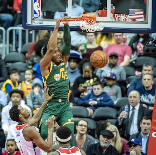 Utah Jazz shooting guard Donovan Mitchell dunks in two of team-leading 19 points in the second of Utah's 116-95 victory over the Washington Wizards at Capital One Arena in D.C. on March 18. (Yusuf Abdullah)