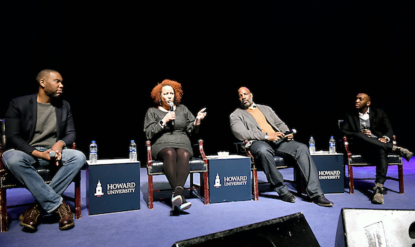 From left: Ta-Nehisi Coates, former staff writer at The Atlantic, Nikole Hannah-Jones, staff writer for the New York Times Magazine, Jelani Cobb, staff writer at The New Yorker, and Anthony Brown Jr., moderator and independent journalist, participate in the "Power of the Pen" panel discussion at Cramton Auditorium at Howard University on March 6. (Justin Knight/Howard University)