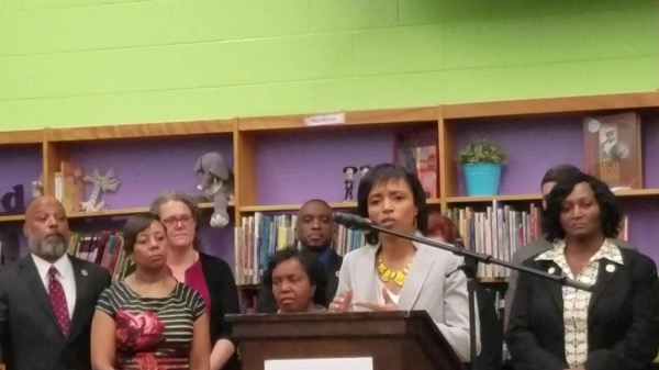 Prince George's County Executive Angela Alsobrooks speaks during an April 12 press conference at Beacon Heights Elementary School in Riverdale alongside state lawmakers from the county and members of the county council. (William J. Ford/The Washington Informer)