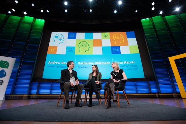 National Geographic's Andrew Revkin, Project Drawdown's Katharine Wilkinson, and NASA's Kate Marvel have a climate conversation. (Courtesy of The Medium Corp.)