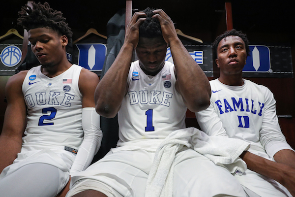 Zion Williamson #1 of the Duke Blue Devils reacts in the locker room after his teams, 68-67, loss to the Michigan State Spartans in the East Regional game of the 2019 NCAA Men's Basketball Tournament at Capital One Arena on March 31, 2019 in Washington, DC. (Photo by Patrick Smith/Getty Images)