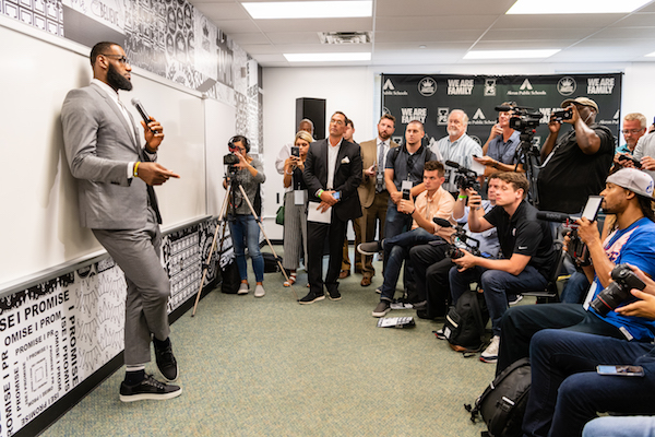 **FILE** LeBron James addresses the media after the opening ceremonies of the I Promise School on July 30, 2018 in Akron, Ohio. The School is a partnership between the LeBron James Family foundation and the Akron Public School and is designed to serve Akron's most challenged students. (Jason Miller/Getty Images)