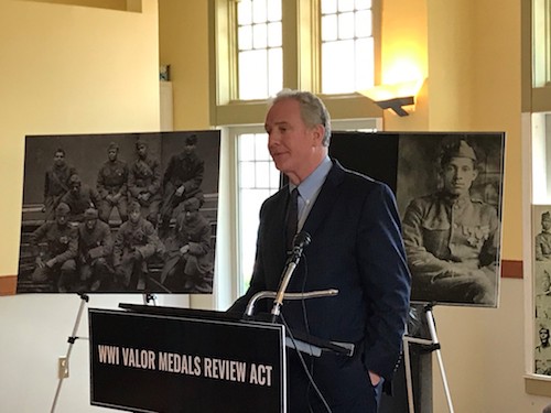 Maryland Sen. Chris Van Hollen speaks in Cambridge on April 18 to introduce WWI Valor Medals Review Act. (John Muller/Special to The Washington Informer)