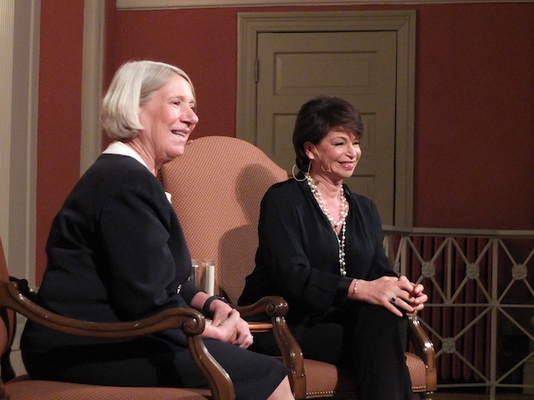 Anita Dunn (left), who served as White House communications director for the Obama administration and is now managing director at SKDKnickerbocker, interviews colleague and former Obama senior adviser Valerie Jarrett about her book "Finding My Voice" at Sixth and I Historic Synagogue on April 8. (Bruce Guthrie for Sixth & I)