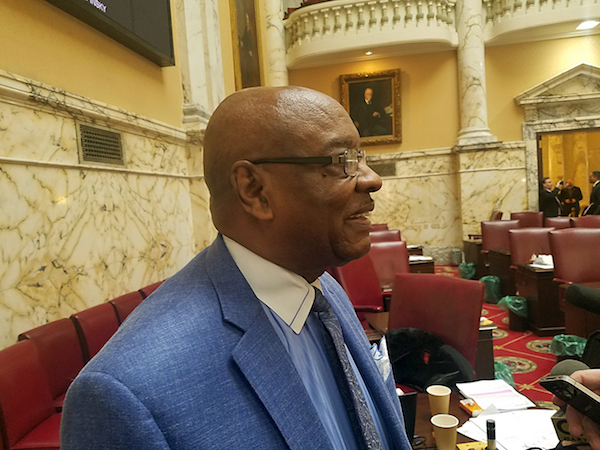 Maryland state Sen. Obie Patterson (D-District 26) of Fort Washington speaks with reporters after a March 27 vote on aid-to-dying legislation. (William J. Ford/The Washington Informer)