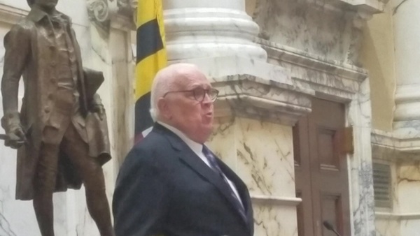 Maryland Senate President Thomas V. Mike Miller Jr. talks about late House Speaker Michael Busch on April 8, the last day of the 2019 Maryland General Assembly, in the Senate chambers. Busch, 72, died the day prior. (William J. Ford/The Washington Informer)