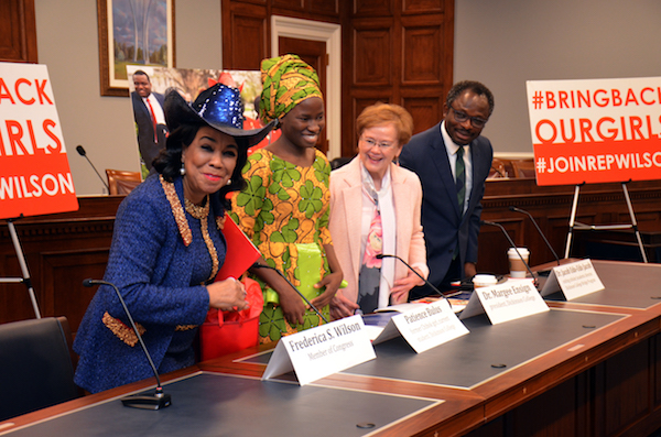 From left: Rep. Frederica Wilson (D-Fla.), former Chibok girl and Dickson College student Patience Bulus, Margee Ensign, Dickinson College president, and Jacob Udo-Udo Jacob, visiting international scholar at Dickinson College participate in a discussion on Capitol Hill on April 9. (Anthony Tilghman/The Washington Informer)