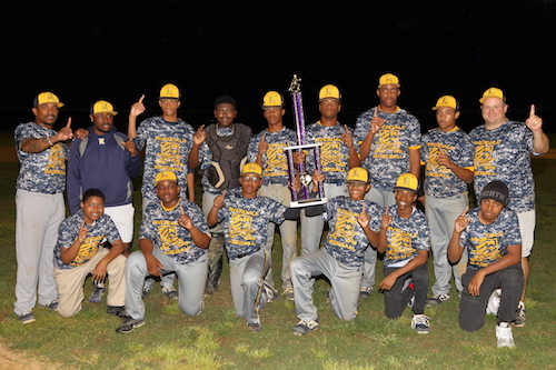 The Riverdale Baptist Crusaders baseball team pose with the trophy after winning the 2019 MISAL baseball championship. (Courtesy of Marlon Bovell)