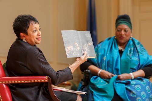 Librarian of Congress Carla Hayden (left) and renowned operatic singer Jessye Norman discusses some of the items Norman donated to the library. (Courtesy of the Library of Congress)
