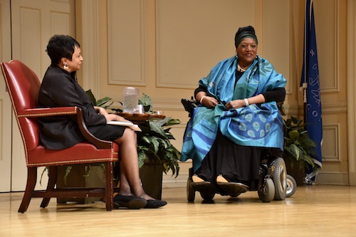 Librarian of Congress Carla Hayden (left) converses with Jessye Norman during an event at the Library of Congress in Southeast on May 16. (Rob Roberts/The Washington Informer)