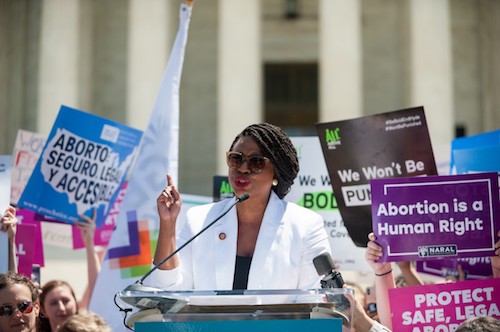 Democratic Rep. Ayanna Pressley (D-Mass.) joins supporters of Planned Parenthood in front of the U.S. Supreme Court in D.C. on May 21. Rallies were planned across the U.S for abortion rights. The "Day of Action" rally comes after the state of Alabama passed the most restrictive abortion ban, making the performance abortions illegal and punishable with up to 99 years in prison. (Michael A. McCoy/The Washington Informer)