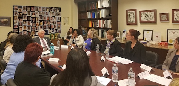 Rep. Steny Hoyer (center) leads an April 25 discussion in Upper Marlboro with service providers on ways to help victims in domestic violence and other situations as part of the House's approval to reauthorize the Violence Against Women Act. (William J. Ford/The Washington Informer)