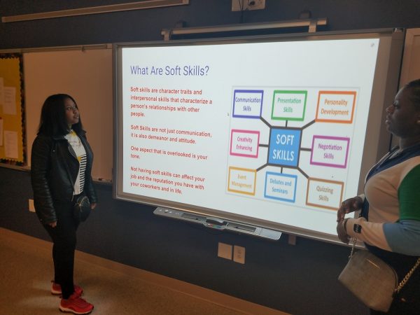 Wynter Parker (left) briefly explains a PowerPoint presentation she and classmate India Lolin presented in March during the statewide Future Business Leaders of America conference in Hunt Valley, Maryland, on April 29. The students finished in fifth place for public speaking. (William J. Ford/The Washington Informer)