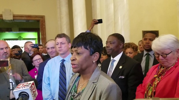 Del. Adrienne Jones (D-Baltimore County) speaks with reporters on May 1, minutes after a House Democratic Caucus meeting in Annapolis, in which she was selected as the new speaker of the House of Delegates. (William J. Ford/The Washington Informer)