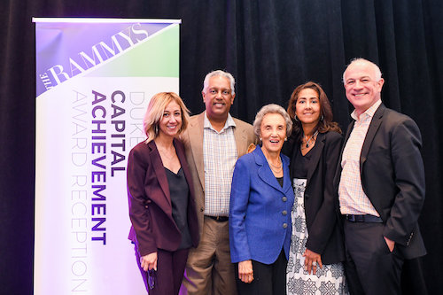 From left: Kathy Hollinger, Kamal Ali, Virginia Ali, Sonya Ali and David Moran celebrate Virginia Ali's receipt of the Duke Zeibert Capital Achievement Award for decades of service. (Courtesy of Ana Isabel Photography)