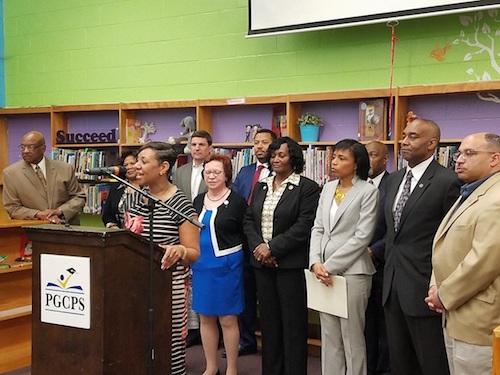 Monica Goldson (at podium), interim CEO for Prince George's County public schools, speaks during a press conference at Beacon Heights Elementary School on April 12. (William J. Ford/The Washington Informer)