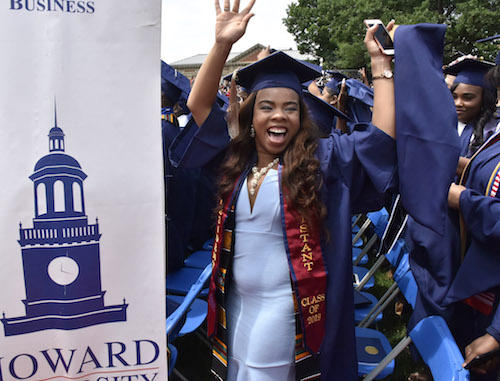 A Howard University student from the graduation class of 2019 celebrates during the commencement ceremony at the D.C. campus on May 11. (Robert Roberts/The Washington Informer)