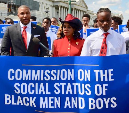 Rep. Sheila Jackson Lee (center) attend a May 15 press conference on Capitol Hill to announce a bill calling for the creation of the Commission on the Social Status of Black Men and Boys. (Anthony Tilghman/The Washington Informer)