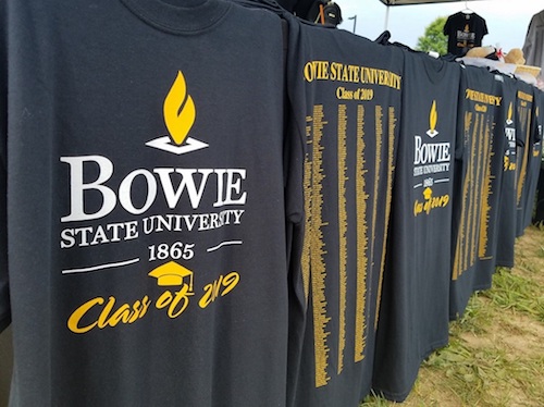Bowie State University Class of 2019 T-shirts line a table outside of Bulldog Stadium on the campus on May 17, the day of the university's spring commencement ceremony. (William J. Ford/The Washington Informer)