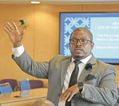 Marco Clark, CEO and founder of Richard Wright Public Charter School for Journalism and Media, speaks during the seventh annual Fatherhood Legislative Forum in northwest D.C. on June 14. (Roy Lewis/The Washington Informer)