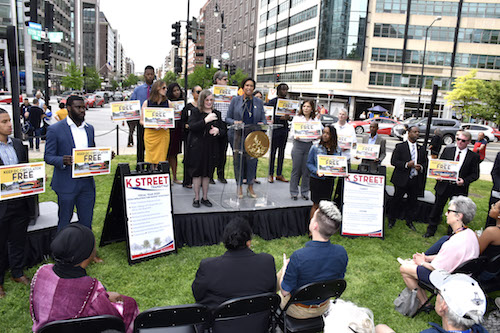 D.C. Mayor Bowser showcases plans to design and build the K Street Transitway — a major streetscape project on K Street NW with dedicated bus lanes, enhanced bicycle accessibility and safer pedestrian intersections — at Farragut Square in Northwest on April 24. The mayor included the project in the fiscal year 2020 budget as one of the key investments in D.C.’s transportation and environment at $188 million. (Robert Roberts/The Washington Informer)