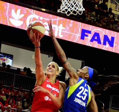 Washington Mystics forward Elena Delle Donne attempts a layup against Dallas Wings forward Glory Johnson during the Mystics' 86-62 win at Entertainment and Sports Arena in southeast D.C. on June 9. (John De Freitas/The Washington Informer)
