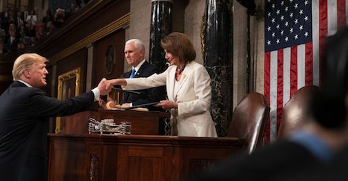 President Donald J. Trump shakes hands with House Speaker Nancy Pelosi before delivering his State of the Union address at the U.S. Capitol in Washington, D.C., on Feb. 5, 2019. (Official White House Photo by D. Myles Cullen)
