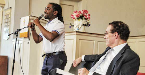 D.C. Council members Vincent Gray (right) and Trayon White offer their opinions on whether "East of the River" should be changed to "East End" during a forum at the Garden Memorial Presbyterian Church in Southeast on May 29, hosted by the Anacostia Coordinating Council, Inc. (Brigette Squire/The Washington Informer)