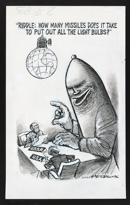Herblock (1909–2001). “Riddle: How Many Missiles Does it Take to Put Out All the Light Bulbs?,” 1983. Crayon, graphite, India ink, opaque white, and porous point pen with overlays over blue pencil under drawing. Herbert L. Block Collection, Prints and Photographs Division, Library of Congress. (Photo courtesy/Herb Block Foundation)