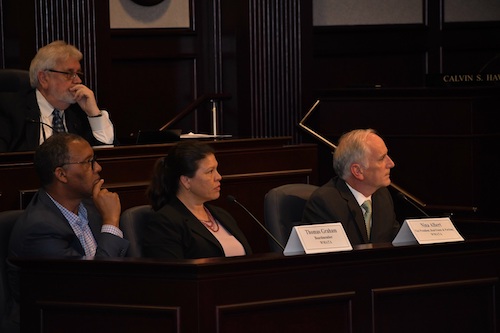 Metro General Manager Paul Wiedefeld (right) briefs the Prince George's County Council in Upper Marlboro, Maryland, on July 9. Nina Albert (center), Metro's vice president of real estate and parking, and Metro board member Thomas Graham sit alongside Wiedefeld. (Anthony Tilghman/The Washington Informer)