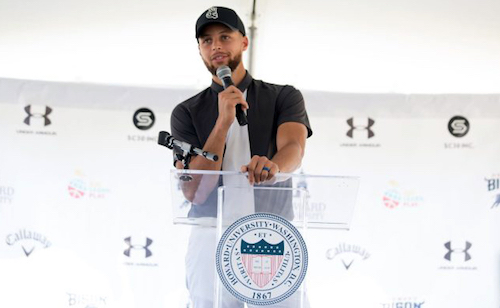 NBA superstar Stephen Curry speaks during a event to announce the launch of Howard University's golf program at Langston Golf Course & Driving Range in northeast D.C. on Aug. 19. (Anthony Tilghman/The Washington Informer)