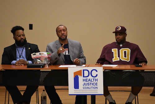 Clayton A. Rosenberg, Ambrose Lane Jr. and Christopher Hawthorne take part in an Aug. 22 meeting of the DC Health Justice Coalition. (Roy Lewis/The Washington Informer)