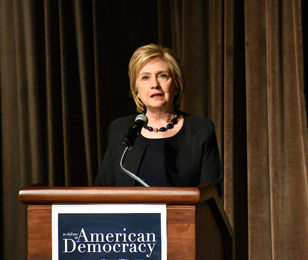 Former Secretary of State Hillary Rodham Clinton delivers the opening keynote on the future of democracy at a conference on Sept. 17, organized by the Albert Shanker Institute, the American Federation of Teachers and Onward Together at George Washington University in Northwest. (Anthony Tilghman/The Washington Informer)