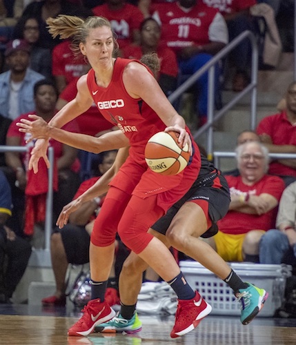 Washington Mystics forward Emma Meesseman dribbles past a Las Vegas Aces defender in the first half of the Mystics' 103-91 win in Game 2 of the WNBA semifinals series at the Entertainment and Sports Arena in D.C. on Sept. 19. (Photo by Yusuf Abdullah)