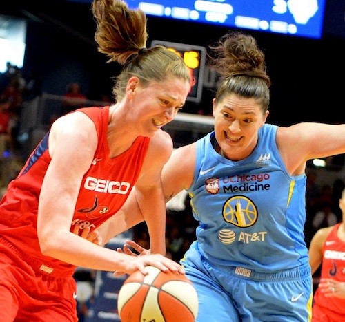 Washington Mystics forward Emma Meesseman (left) attempts to drive past Chicago Sky center Stephanie Dolson during Washington's 100-86 win at the Entertainment and Sports Arena in southeast D.C. on Sept. 8. (John E. De Freitas/The Washington Informer)
