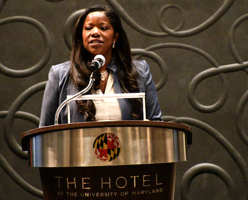 Prince George's County State's Attorney Aisha Braveboy speaks at her State of Justice symposium at The Hotel at the University of Maryland in College Park on Sept. 10. (Anthony Tilghman/The Washington Informer)