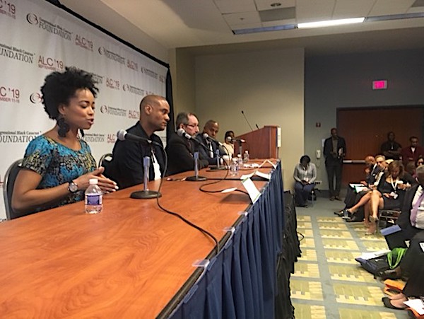 Shanita Penny (left) talks about the need to improve federal policies in the cannabis industry during the Congressional Black Caucus Foundation's Annual Legislative Conference in northwest D.C. on Sept. 12. (Roy Lewis/The Washington Informer)