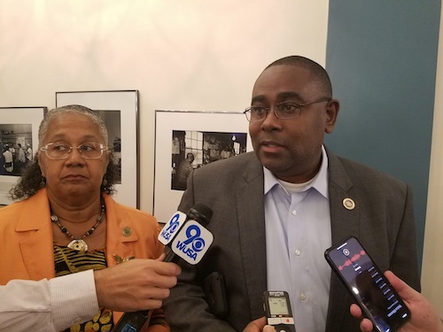 Del. Darryl Barnes (right) speaks with reporters about possible impropriety in the process to award medical cannabis applicants, specifically Black merchants, on Sept. 27. Del. Cheryl Glenn of Baltimore City stands beside him. (William J. Ford/The Washington Informer)