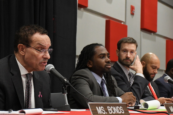 From left: D.C. Council members Vincent Gray, Trayon White, Charles Allen and Robert White on a panel discussing the restoration of voting rights for returning citizens at the R.I.S.E. Demonstration Center in southeast D.C. on Oct. 29. (Roy Lewis/The Washington Informer)