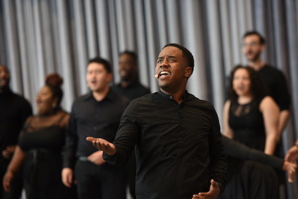 "Stirring the Waters Across America" (STWAA) Workshop on Oct. 27. Cast member Roy Patten Jr. leading production finale, "The Promised Land" (pictured in background, l-r: Candace Potts, Nikolai Granados, Daniel Smith, Aileen Mitchener, Christian Harward) (Jermoni Dowd/NEWorks Productions)