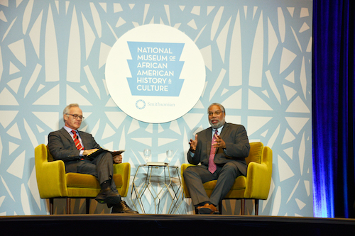 Scott Pelley (left) interviews Lonnie Bunch III. (Courtesy photo)