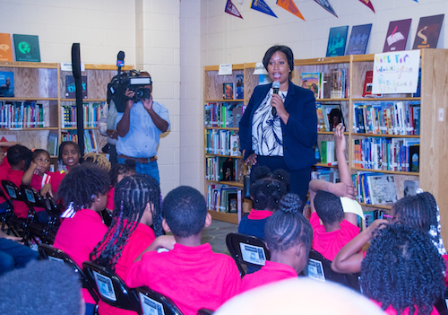 D.C. Mayor Muriel Bowser talks to third graders at Martin Luther King Jr. Elementary School in Southeast about D.C. statehood. (Shevry Lassiter/The Washington Informer)
