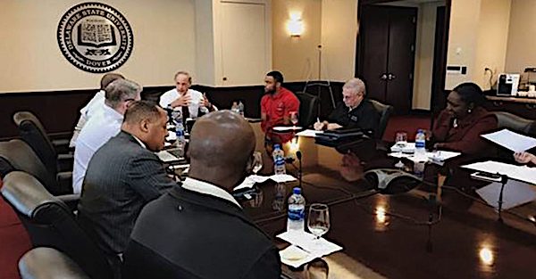 Sen. Tom Carper (D-Del.) joins Delaware State University Executive Vice President and Provost Tony Allen, faculty and students to discuss the Fostering Undergraduate Talent by Unlocking Resources for Education (FUTURE) Act. (Courtesy of NNPA Newswire)