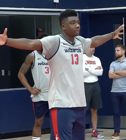 Washington Wizards center Thomas Bryant participates in a defensive drill at practice on Oct. 3. (Courtesy of the Wizards via Instagram)