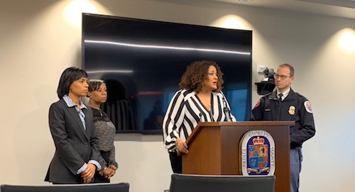 Jennifer Donelan, spokeswoman for the Prince George's County Police Department, speaks at a Nov. 15 press conference to discuss details about a high school teacher accused of assaulting a student. (Anthony Tilghman/The Washington Informer)