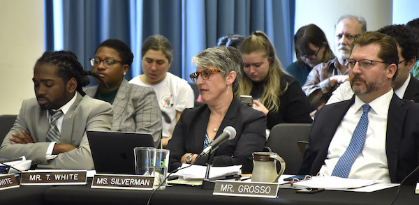 D.C. Council members Trayon White (Ward 8), Elissa Silverman (At Large) and David Grosso (At Large) deliberate on action that fellow Council member Jack Evans has taken within the past five years. (Robert R. Roberts/The Washington Informer)